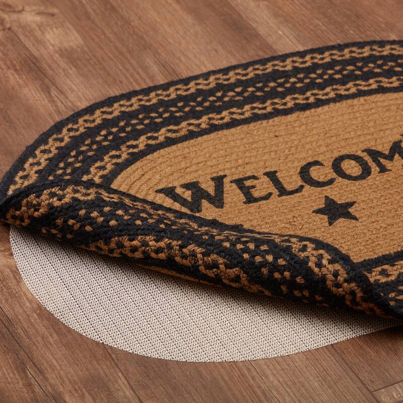 Farmhouse Jute Rug Oval Stencil Stars Welcome w/ Pad 20x30 - 20" x 30"