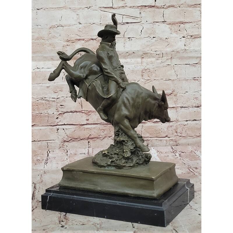Bronze Imitative Bull Rider Sculpture On Marble Base – Western Rodeo Art