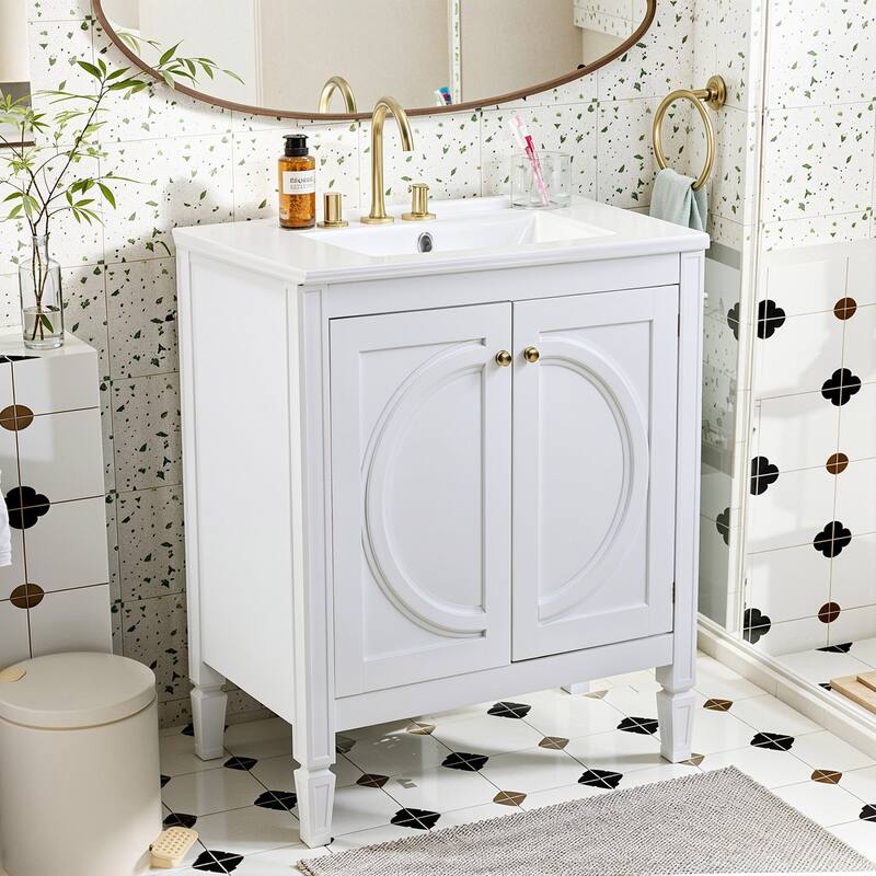 30" Ready-to-Use Bathroom Vanity Set – Modern White Ceramic Sink & Wall-Mounted Mirror Cabinet‌ - White