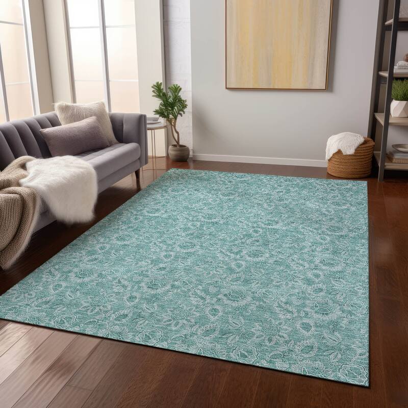 Machine Washable Indoor/ Outdoor Chantille Floral Rug - Teal - 10' x 14'