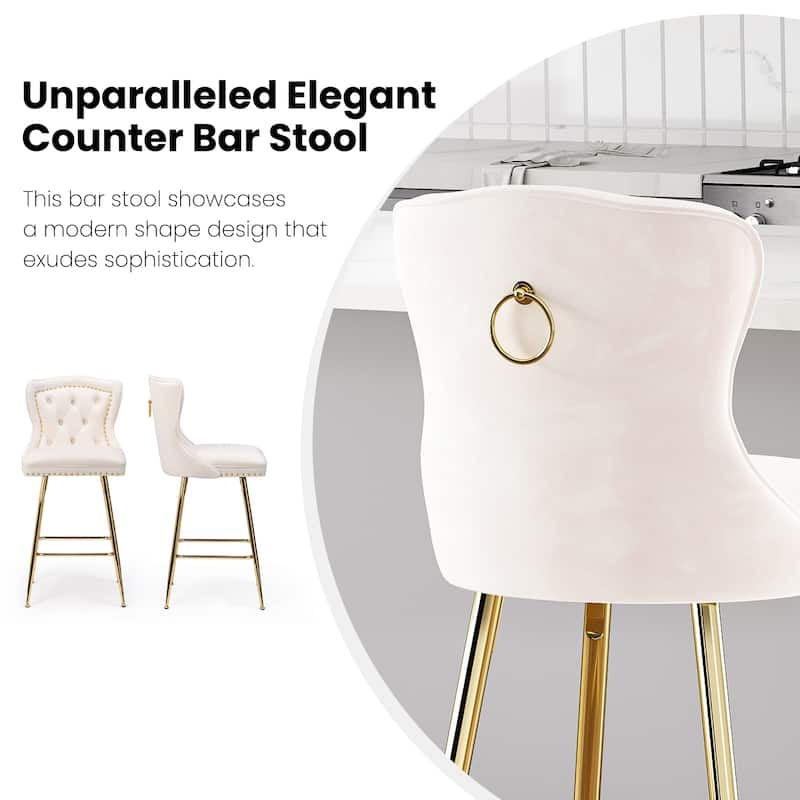 Bar Stools Set of 2, Velvet Counter Height Bar Stools with Metal Legs, Button Tufted and Nailheads Trim, Wing-Back Bar Chairs
