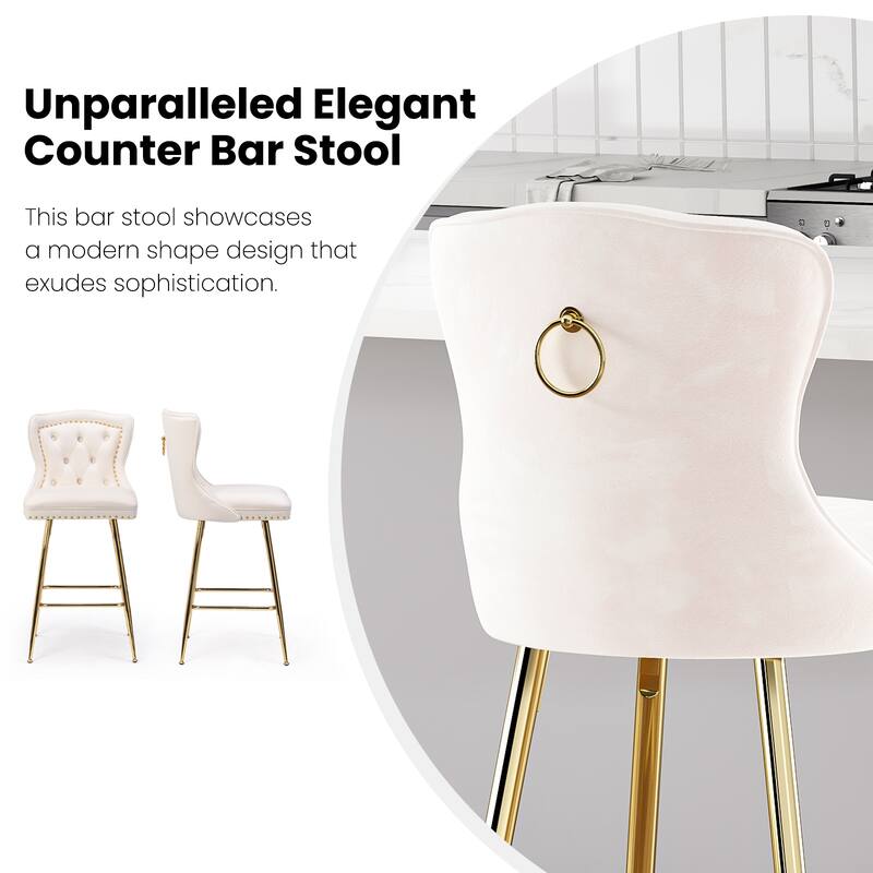 Set of 2 Beige Velvet Wingback Bar Stools, Button Tufted with Nailhead Trim & Metal Legs - Counter Height