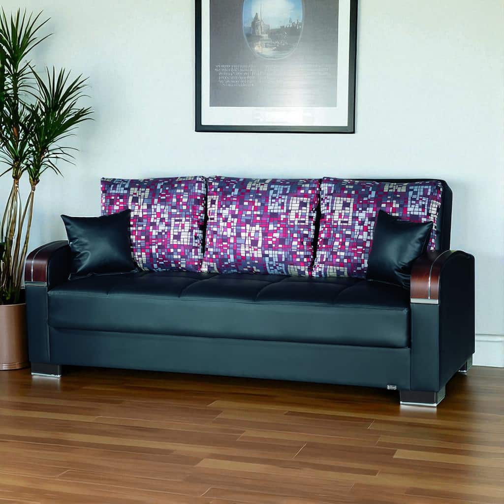 HomeRoots 87" Black Faux Leather Convertible Futon Sleeper Sofa And Toss Pillows With Storage
