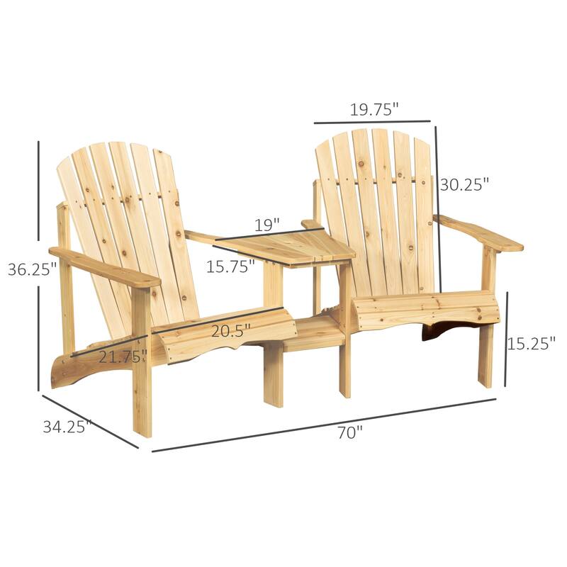 Patio Wooden Adirondack Chair for Two, Outdoor Fire Pit Chair Set with Table & Umbrella Hole