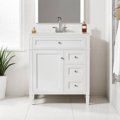 30 Inch Bathroom Vanity with Sink, 3 Drawers and Door Organizer, Resin Top, Solid Wood & MDF Cabinet