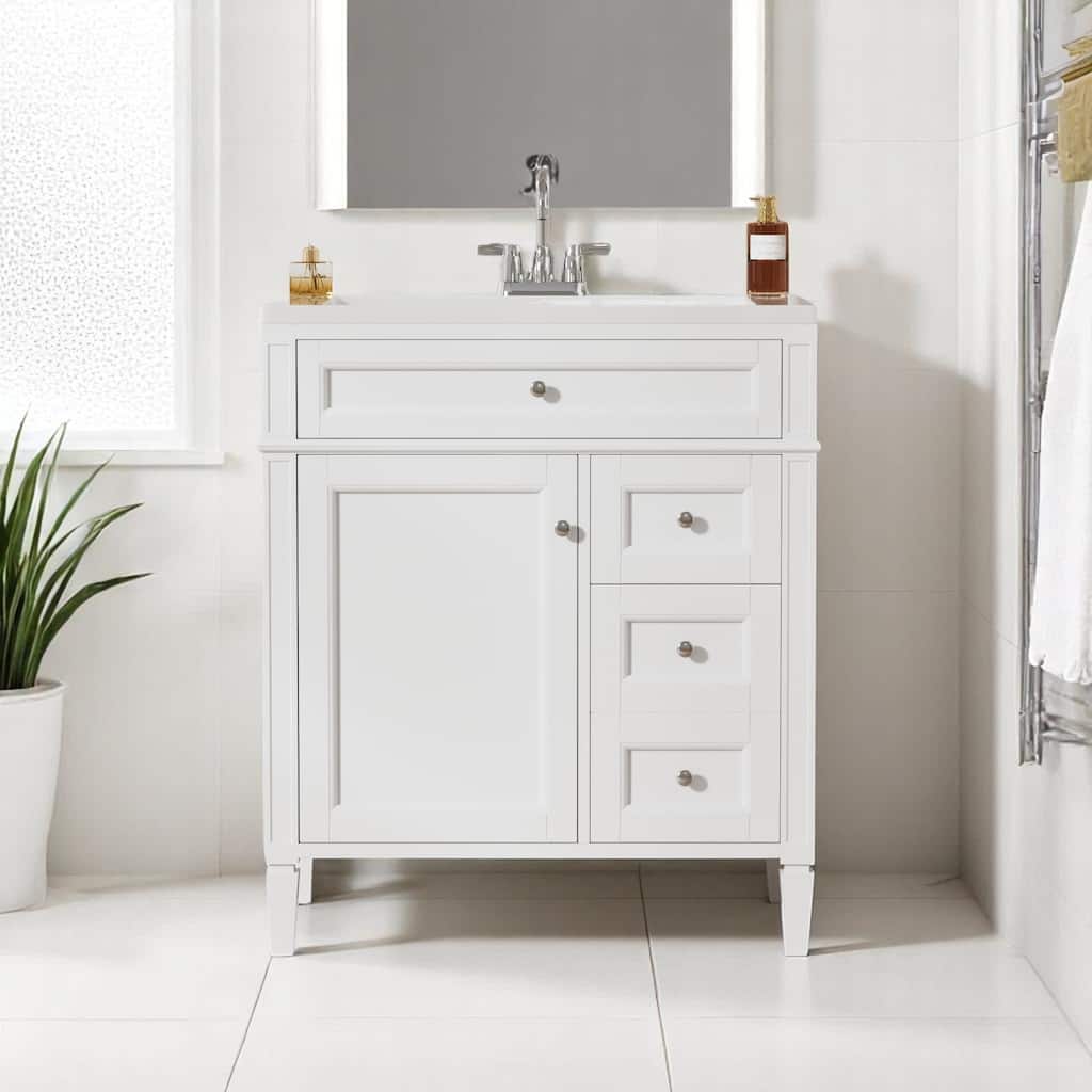 30 Inch Bathroom Vanity with Sink, 3 Drawers and Door Organizer, Resin Top, Solid Wood & MDF Cabinet