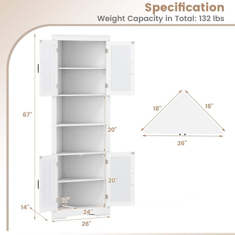 White MDF and Tempered Glass 6-Tier Corner Cabinet with Adjustable Shelves - 26" x 14" x 67" (L x W x H)