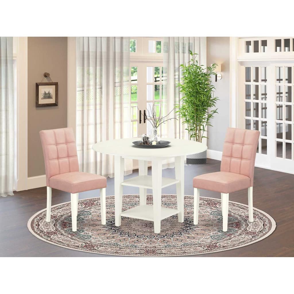 HomeStock 3-Pc Linen White Finish Round Solid Wood Top Dining Table Set