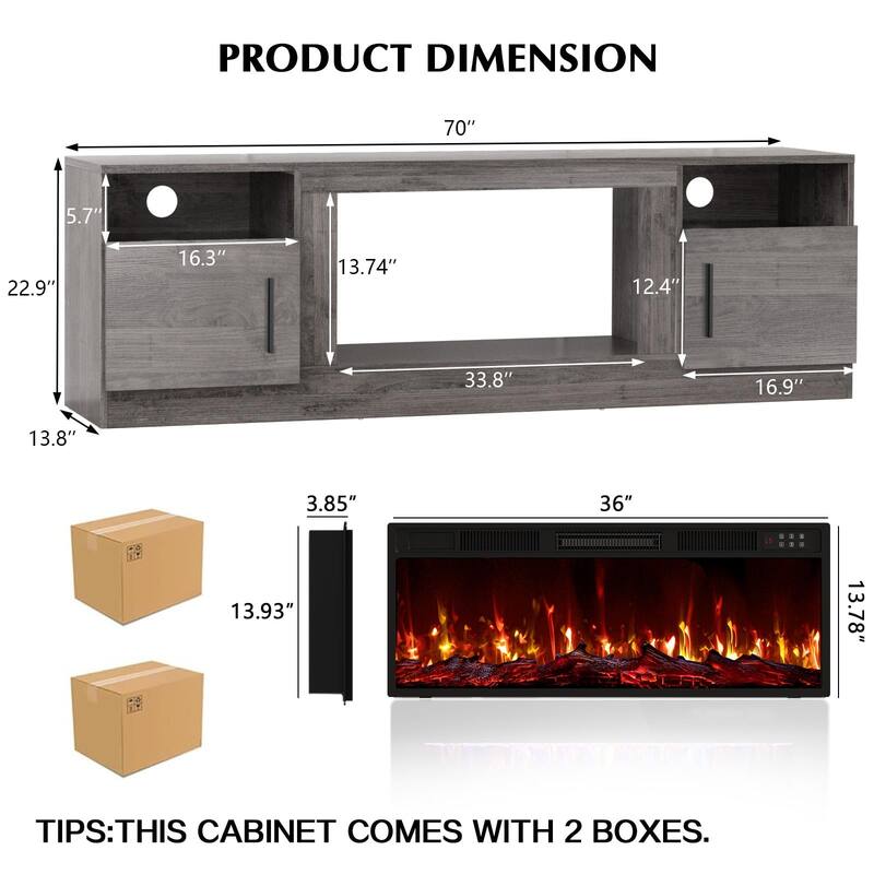Bossin 70" Fireplace TV Stand with 36" Electric Fireplace, TV Stand for TVs Up to 80", 16 Colors LED Lights/Entertainment Center