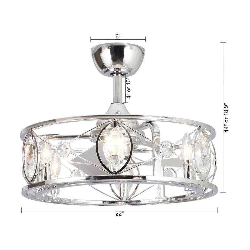 22" Modern Chrome Crystal Fandelier Caged Ceiling Fan with Light - 22 Inches