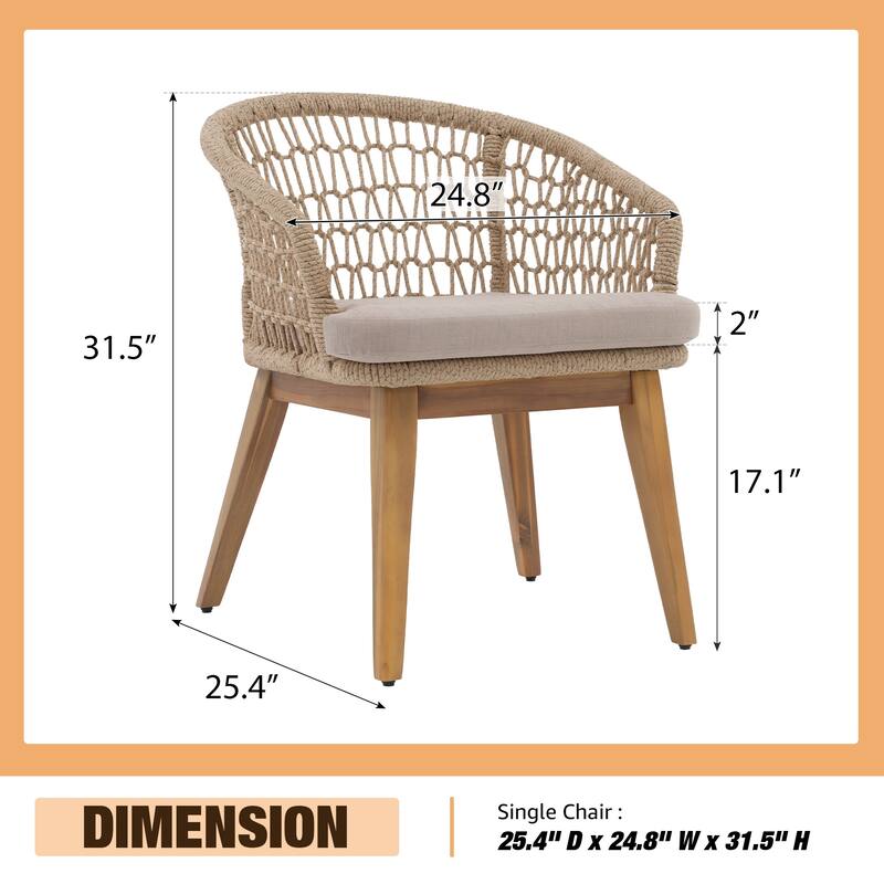 Outdoor Wooden Dining Table Set with 6 Woven Rope Chairs