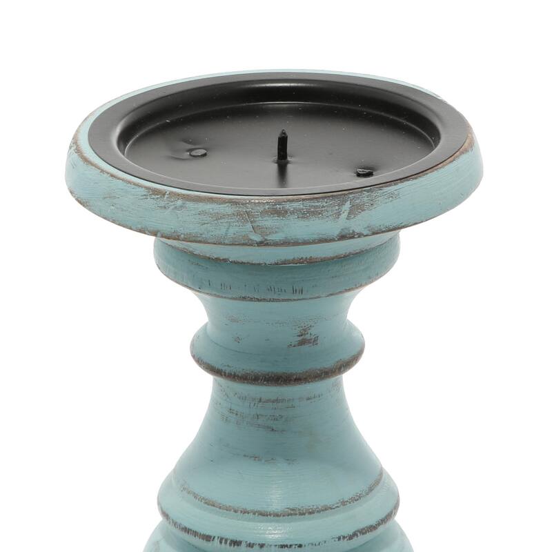 Mango Wood Distressed Turned Pillar Decorative Candle Holder - Set of 3 - Roche River Decor
