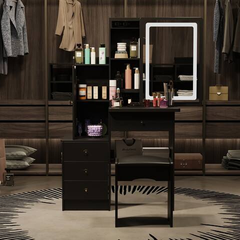 4-Drawer Makeup Organizer Vanity Table Set with LED-lit Mirror Dresser