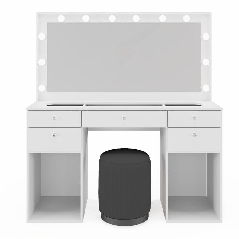 Makeup Vanity Desk w/ Free Black Storage Stool, LED Mirror, 5 Drawers, extra Storage, USB, Power Outlet