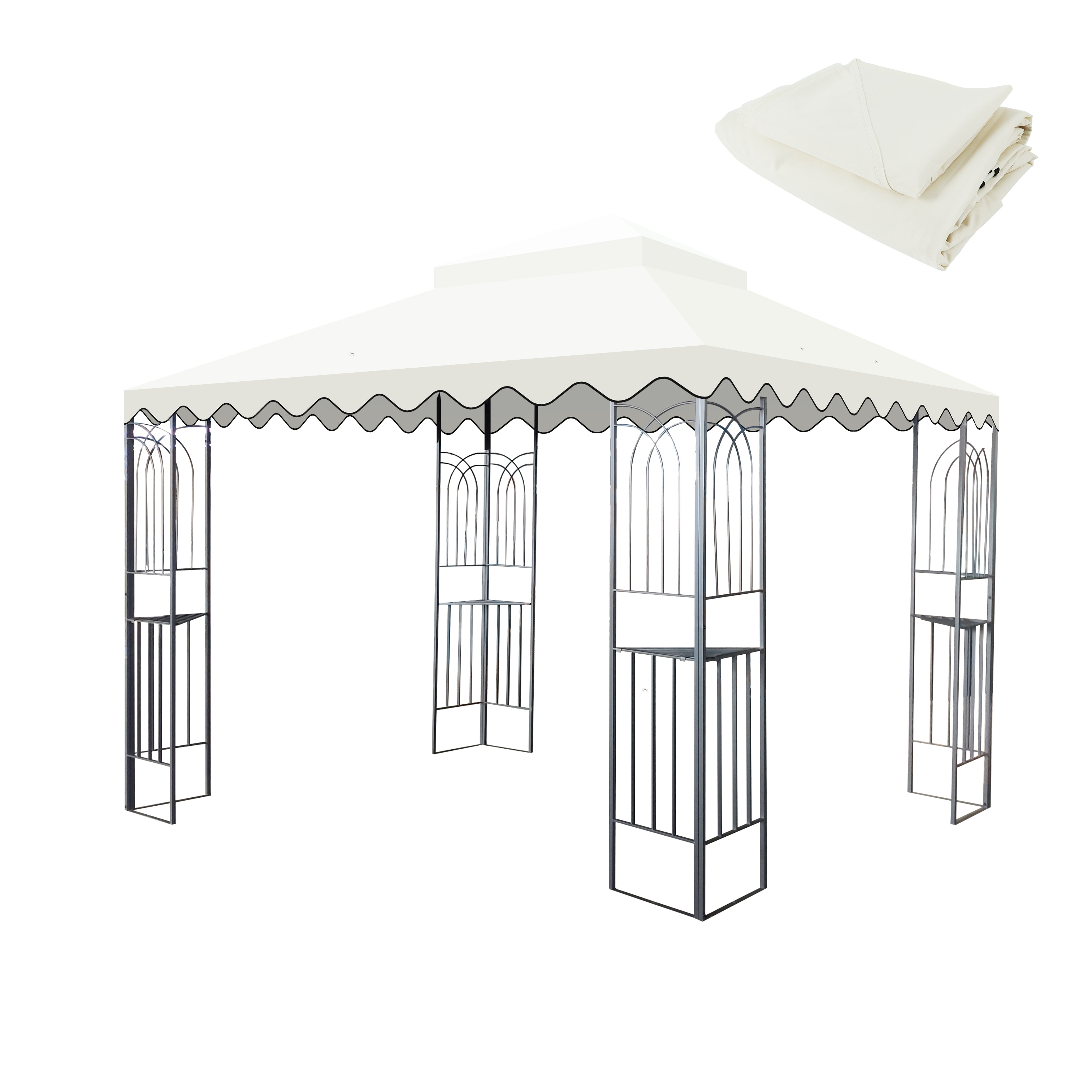 10x10 Ft Outdoor Patio Gazebo Replacement Canopy, Double Tiered Roof Cover with Wavy Border - Beige