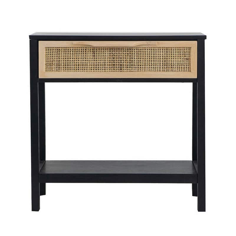 22 Inch Accent Side Table, Pine Wood, Woven Rattan, 1 Drawer - 22 H x 12 W x 22 L Inches