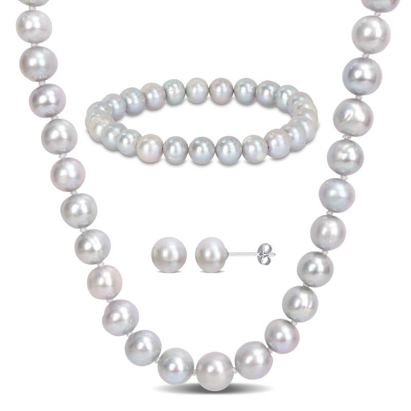 Miadora 3 Pc Set Of 7.5-8mm Grey FW Cultured Pearl 18" Necklace, 7" Stretch Bracelet & Silver FW Pearl Earrings