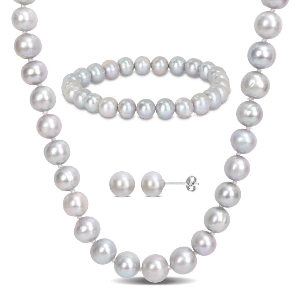 Miadora 3 Pc Set Of 7.5-8mm Grey FW Cultured Pearl 18" Necklace, 7" Stretch Bracelet & Silver FW Pearl Earrings