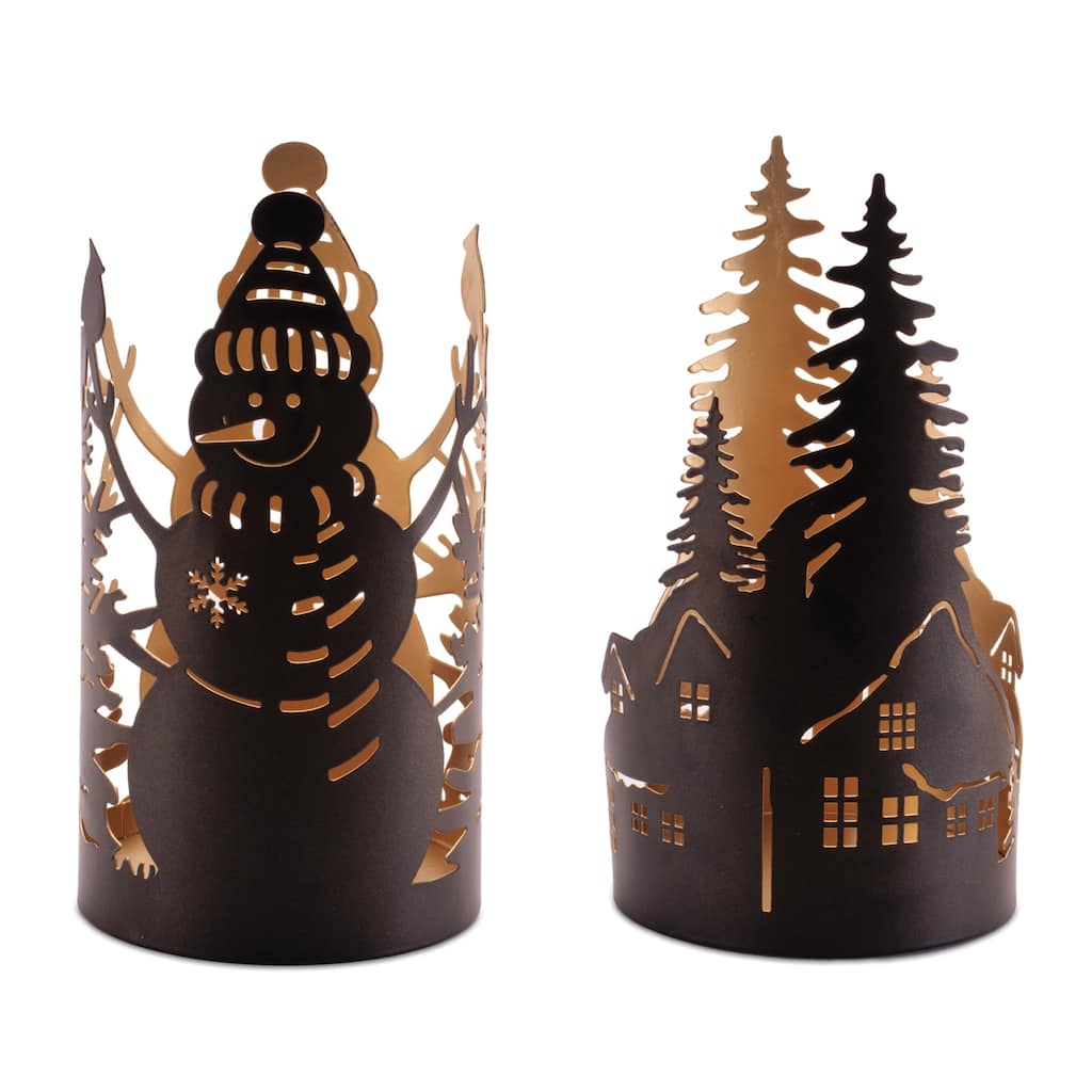Cut Metal Snowman and Cabin Candle Holder (Set of 2)