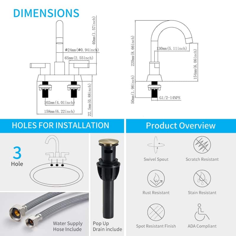 2 Handle 4 Inch Centerset Bathroom Sink Faucet 2 Hole Bathroom Faucet with Supply Hoses Vanity Tap with Overflow Pop Up Drain