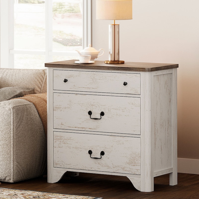 WAMPAT Large Farmhouse Nightstand with 3 Drawers,Wooden End Table - White - 3-drawer