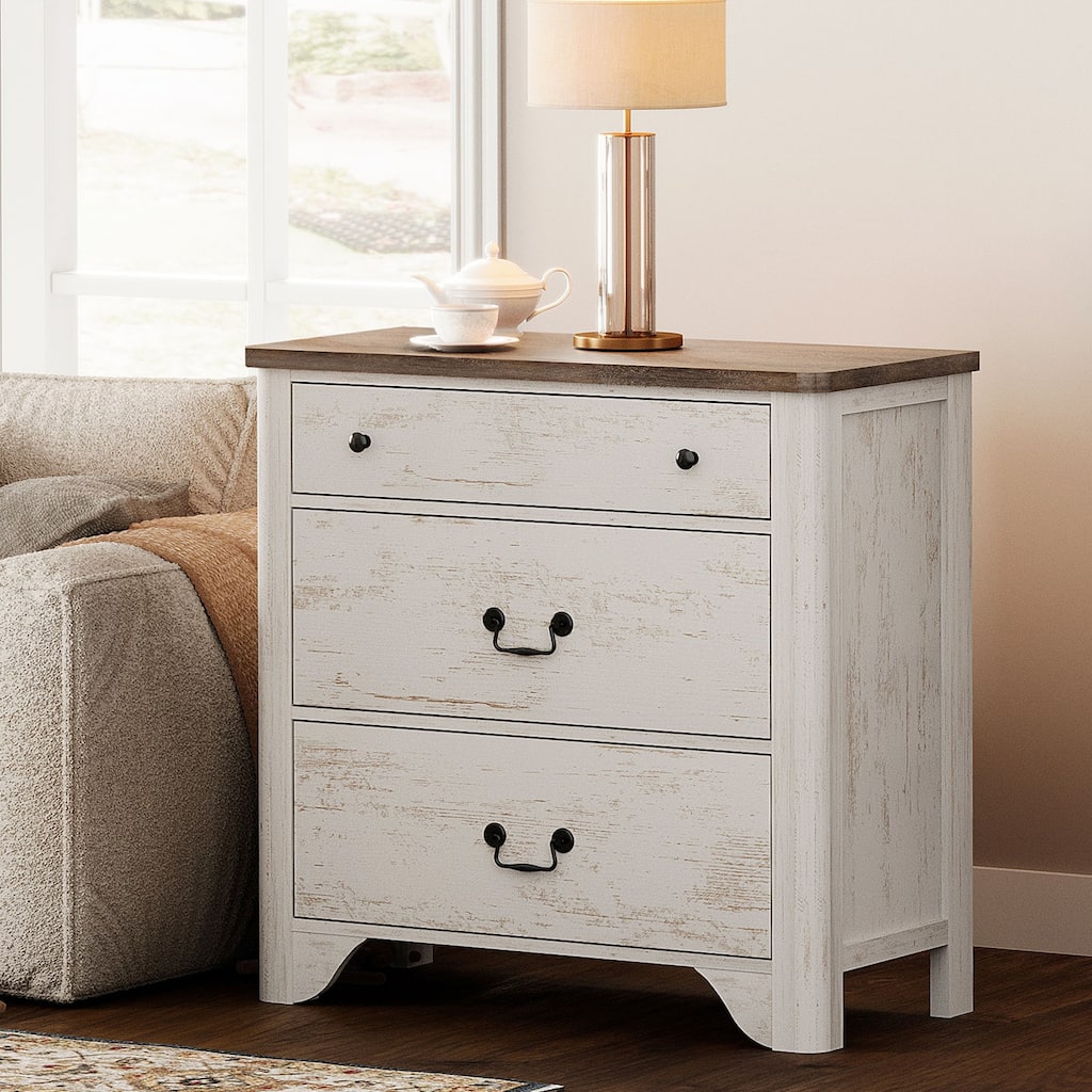 WAMPAT Large Farmhouse Nightstand with 3 Drawers,Wooden End Table