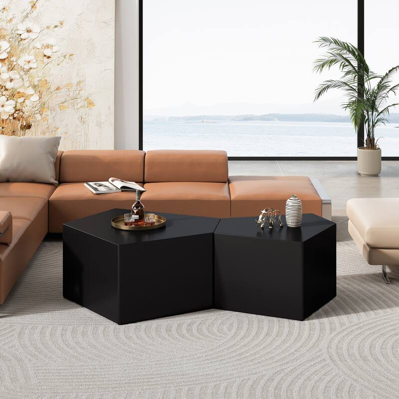 GDFStudio Kaiven Geometric Nesting Wood Coffee Table Set with Storage - Black
