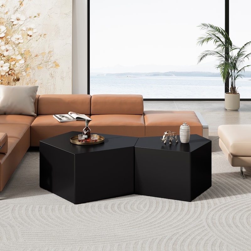Pentagon Nesting Coffee Table Set, Geometric Center Table Set Set of 2, Irregular Wood Cocktail Table for Living Room - Black