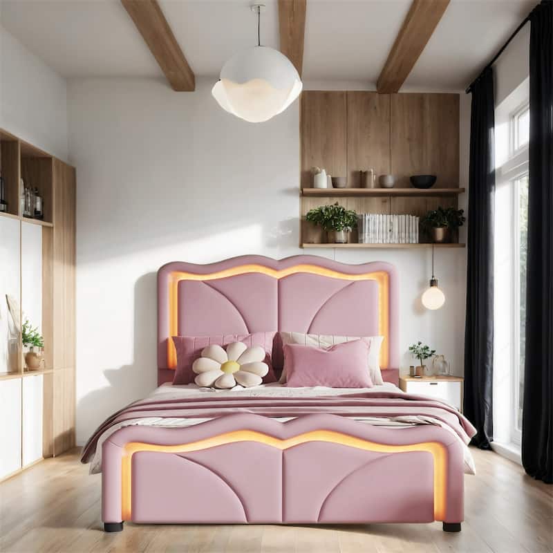 Twin Size LED Upholstered Platform Bed with Adjustable Headboard