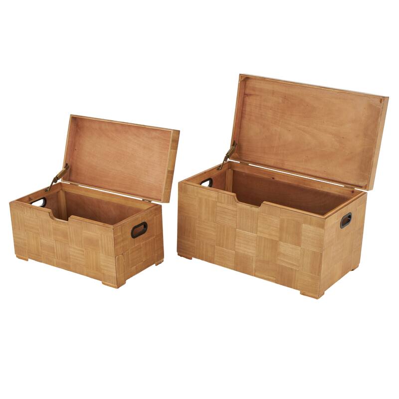 Brown Wood Handmade Decorative Trunk with Black Metal Accents and Square Patterns (Set of 2)