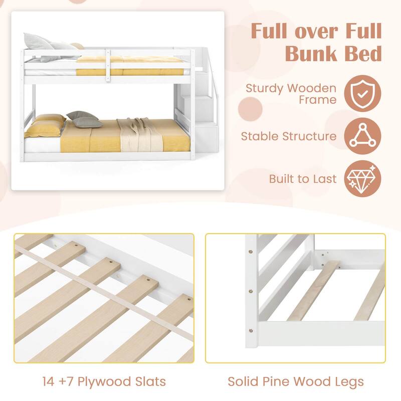 Costway Full Over Full Low Bunk Bed with Storage Stairs with