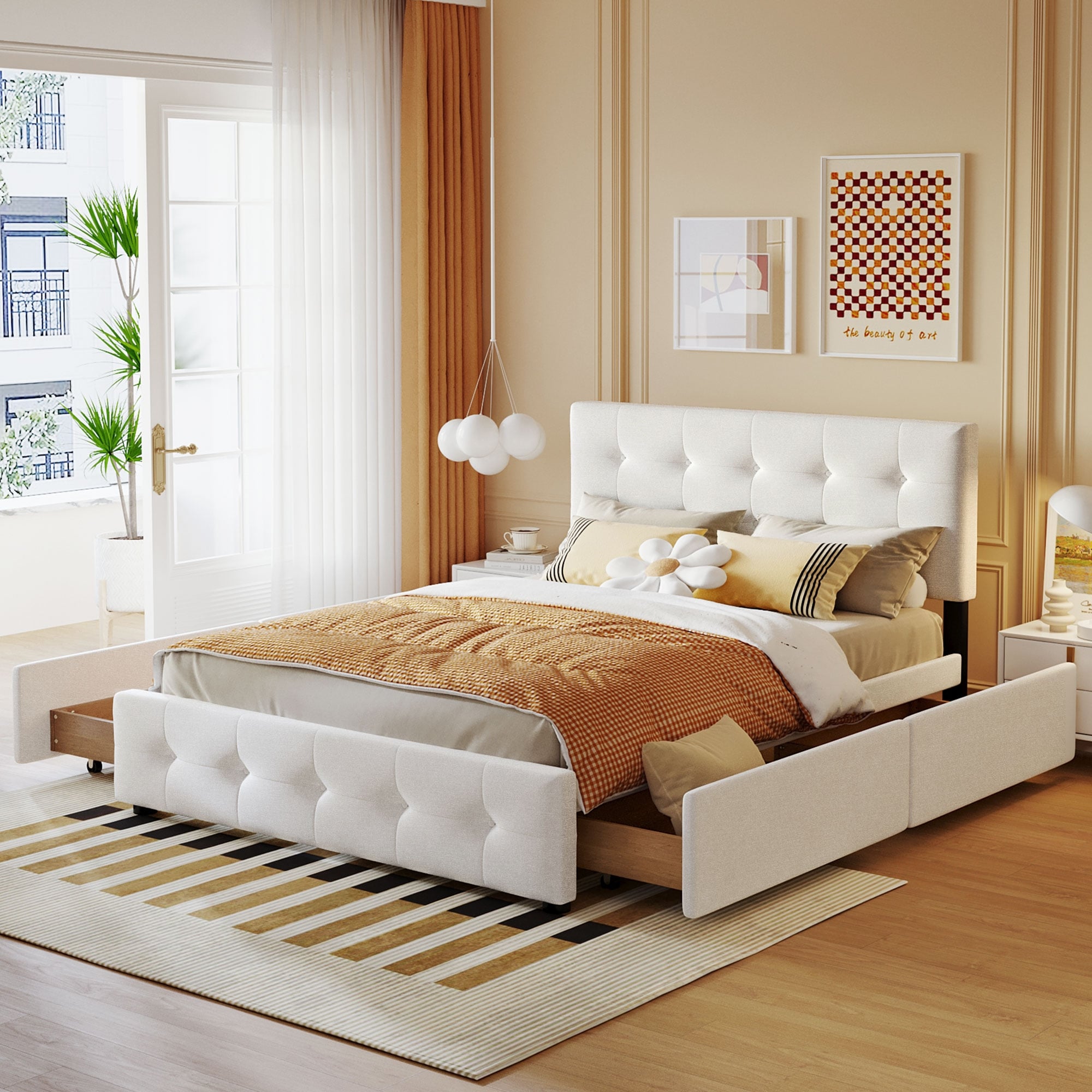 White Linen Upholstered Platform Bed with Classic Headboard and 4 Drawers No Box Spring Needed Queen Size