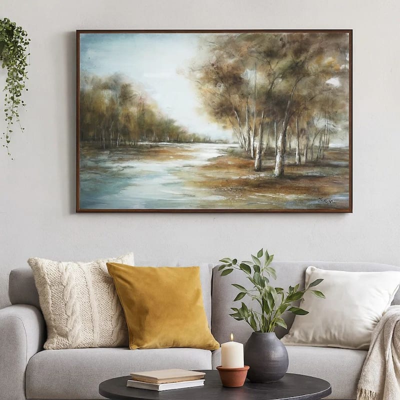 39 x 59 Hand Painted Forest Scenery, Resin Coat, Warm Blues and Browns - Green, Blue, White, Brown