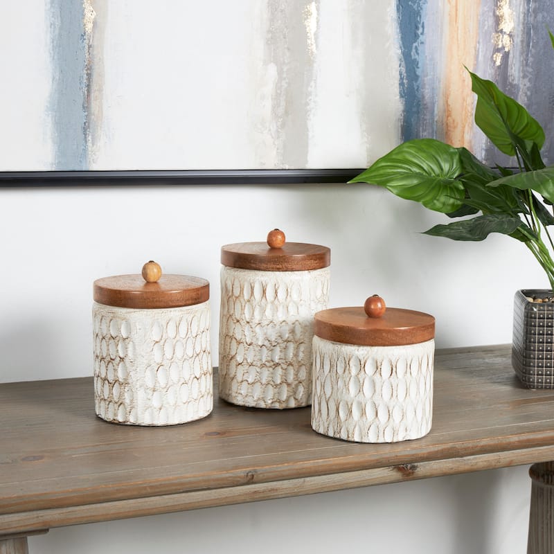 Paper Mache Geometric Handmade Carved Spotted Canisters with Brown Removable Lids - Set of 3 Cream - Roche River Decor
