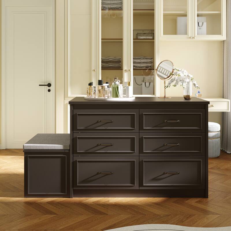 White Dresser with Seat and Storage 6 Drawer Closet Island Cabinet Bedroom Organization Bench