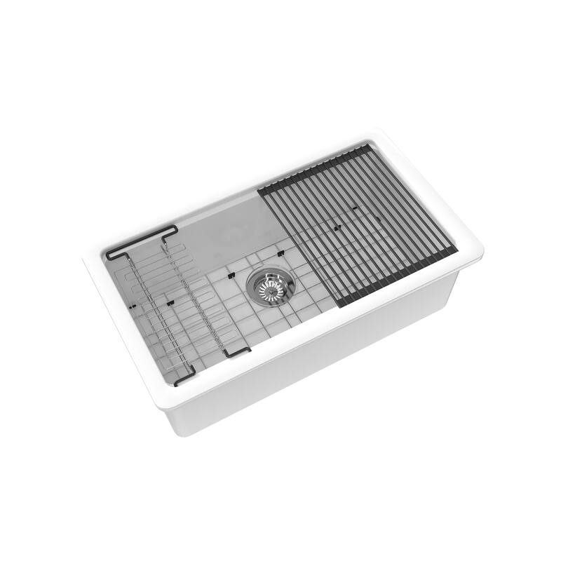 33 in. Undermount Single Bowl Fireclay Workstation Kitchen Sink with Drying Rack & Cutting Board - Includes Accessories