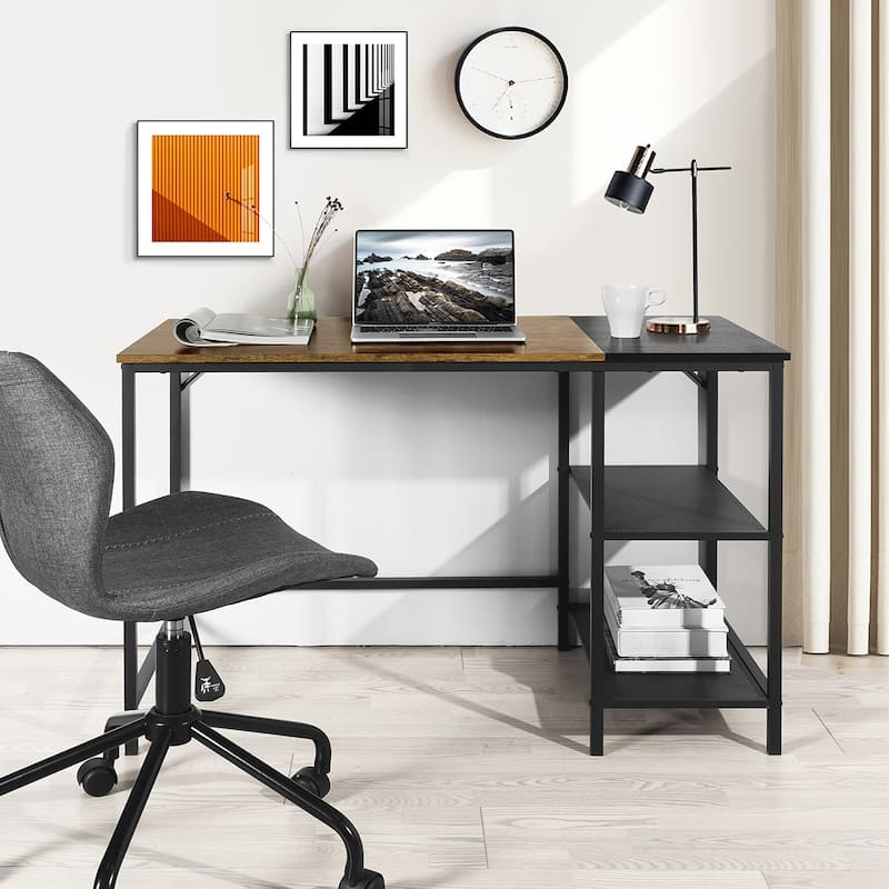 HomyLin 43.3 Inch Industrial Computer Desk with 2-Tier Shelves, Rustic Brown and Black