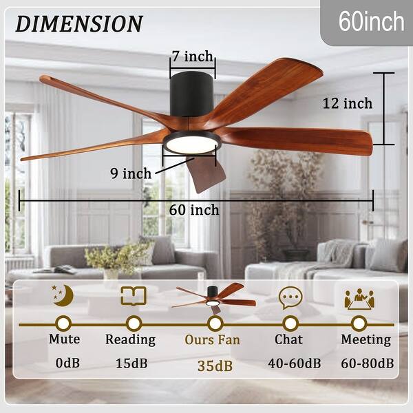 60 Inch Ceiling Fan with Light 5 Wood Blades Flush Mount Quiet DC Motor ...