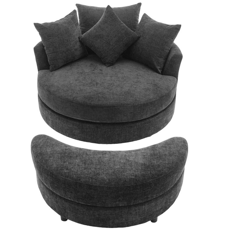 Roomfitters Modern 360° Swivel Barrel Chair with Hidden Storage Ottoman, Chenille Upholstery and Four Pillows