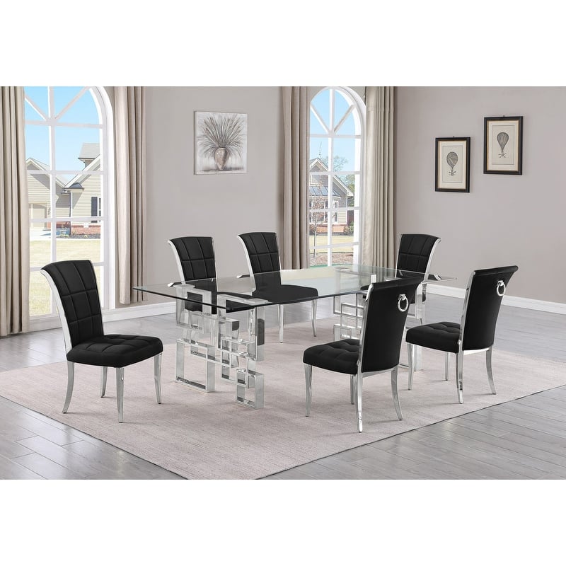 Best Quality Furniture D223/4-SC320-7 Dining Set with 95" 15mm Glass - 7-Piece - Black / Silver