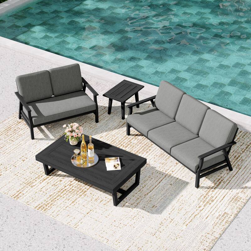 Teak Outdoor Seating Set with Daybed & Tables. - Black Wood - Grey/4-piece