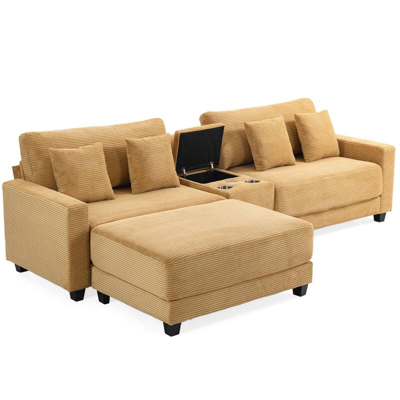 Oversized Corduroy Upholstered Sofa with a Removable Ottoman & 4 Pillows