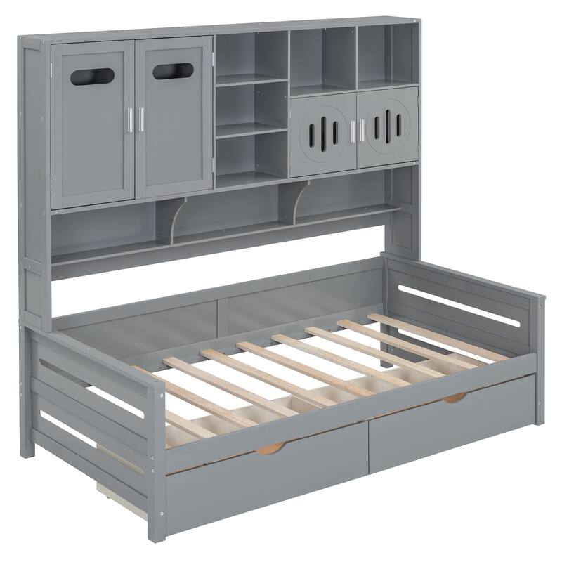 Gray Twin Size Wooden Daybed with 2 Drawers, Cabinet & Shelf