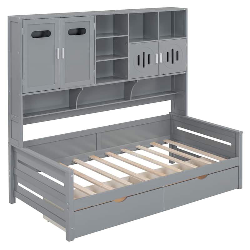 Twin Size Daybed with Bookcase Headboard and Shelves, Wooden Platform Bed Frame with 2 Drawers and All-in-One Storage Cabinet