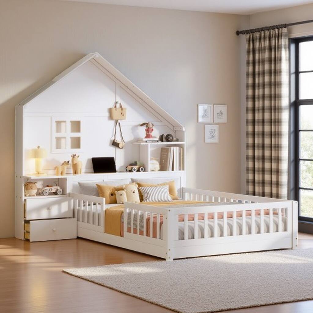 Full Size House Bed with Window, Bedside Storage Drawers, USB Ports & Shelves, Stylish & Functional Platform Bed