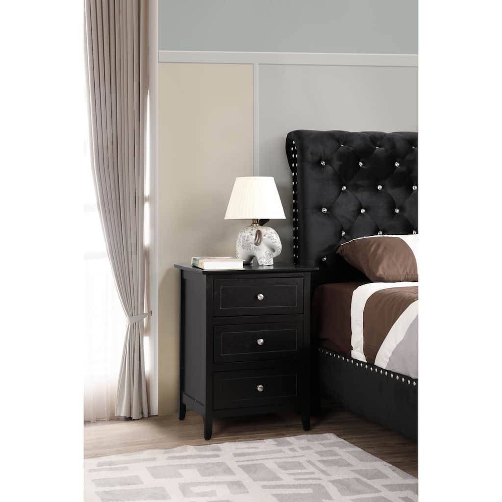 Black Nightstand 25x19x15 Transitional Bedside Table with Three Storage Drawers, Durable Build and Sleek Modern Finish