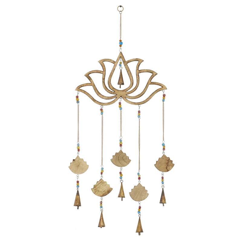 Mango Wood Floral Handmade Lotus Indoor Outdoor Windchime with Glass Beads and Cone Bells - Brown - Roche River Decor - Brown