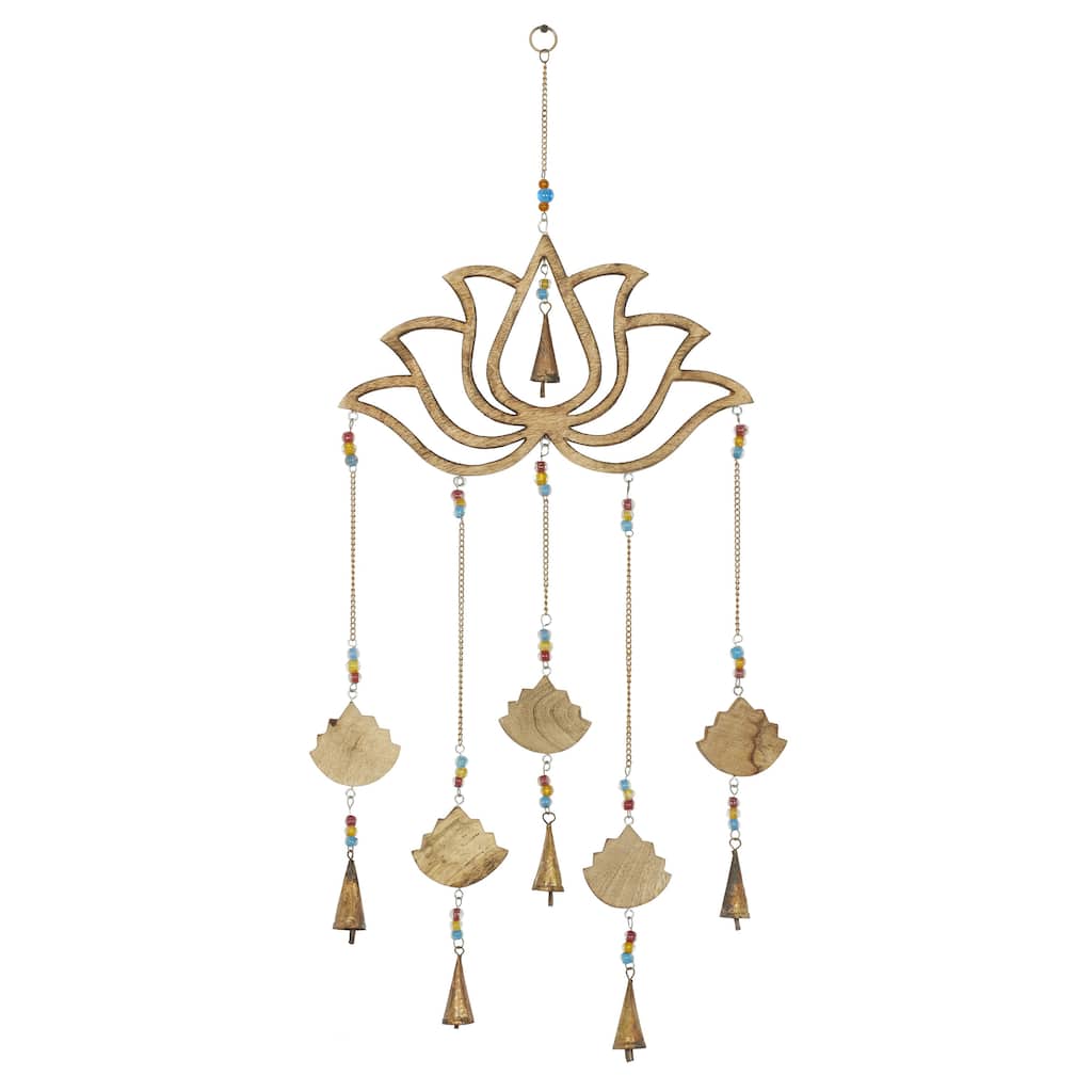 Mango Wood Floral Handmade Lotus Indoor Outdoor Windchime with Glass Beads and Cone Bells - Brown - Roche River Decor