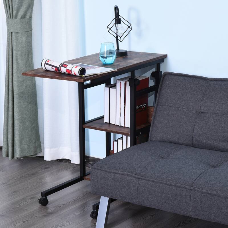 HOMCOM Industrial C-Shaped Mobile Rolling Sofa Side Table with 3-Tier Storage Shelving, Adjustable Height, & Wheels
