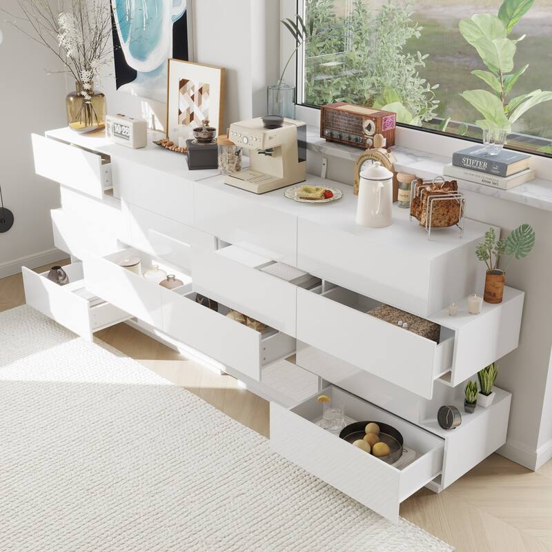 Sleek High Gloss White Eight-Drawer Dresser, Storage Unit Chest